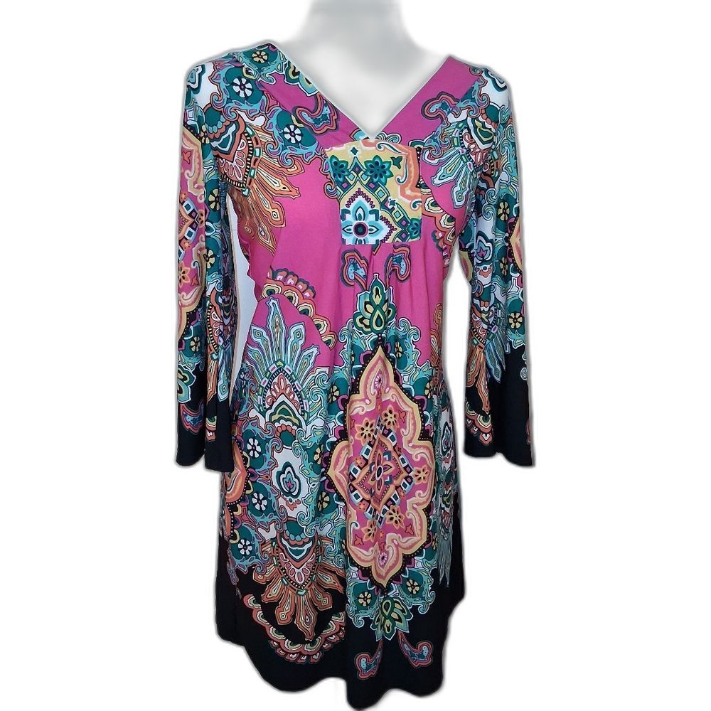 White Mark Couture Collection Vibrant Pink Paisley Medallion Dress Women’s Sz M - Picture 2 of 7